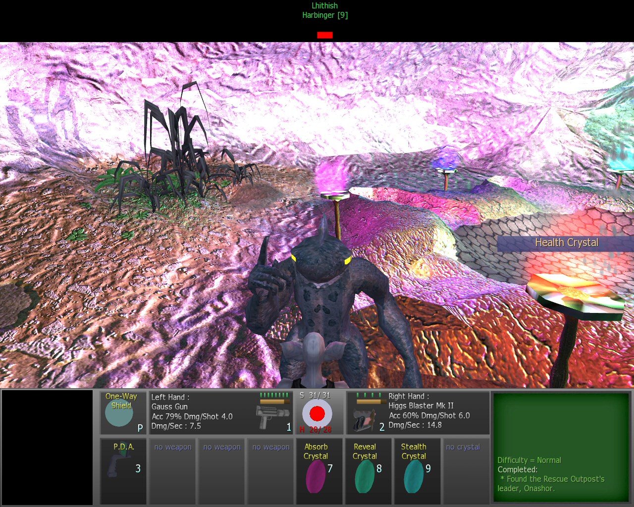 Ancient Galaxy screenshot: a giant insect-like creature on a vivid pink and purple alien landscape