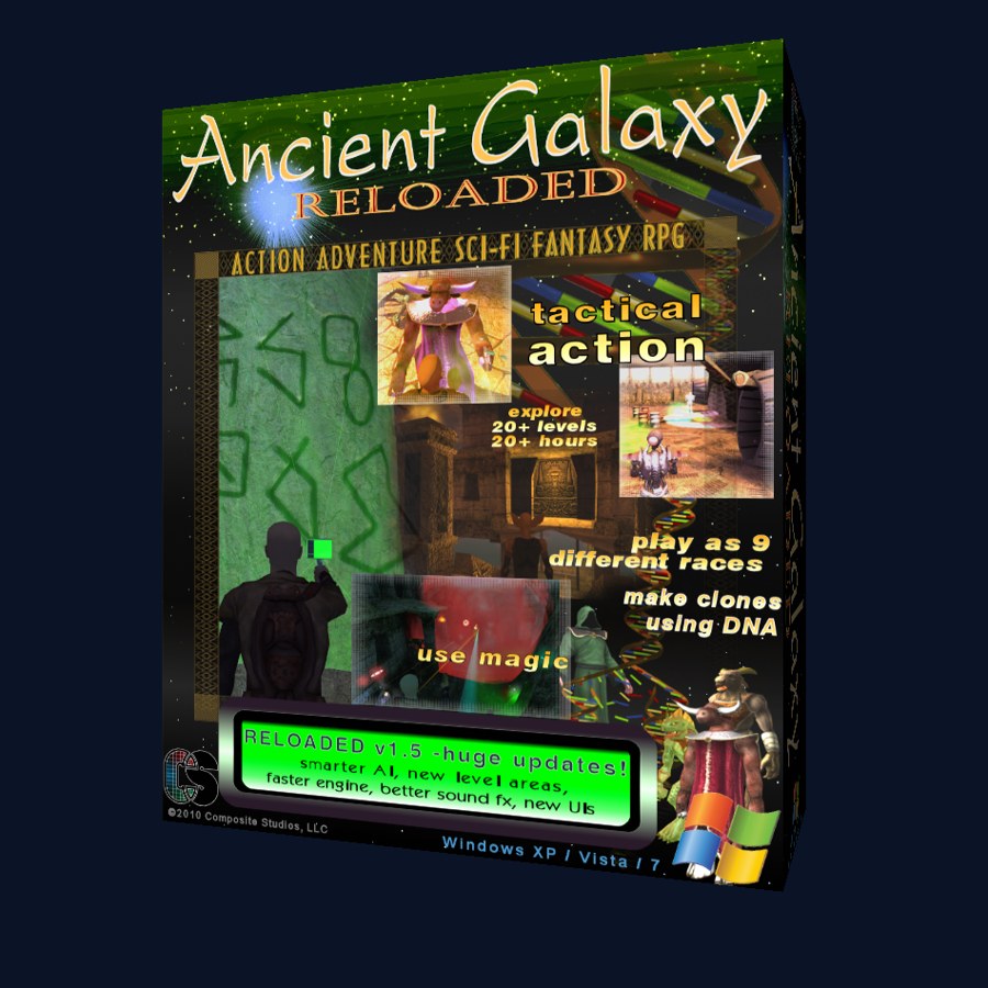 Ancient Galaxy Reloaded box art: an armored hero, a horned Thoog warrior and a DNA helix under the title