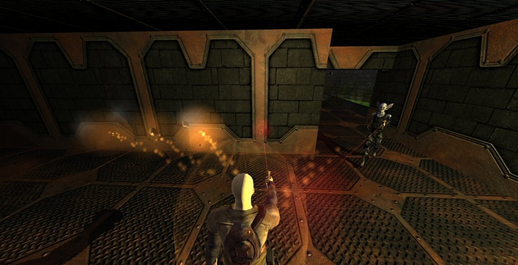 Ancient Galaxy screenshot: blaster fire lights up a dark mining tunnel