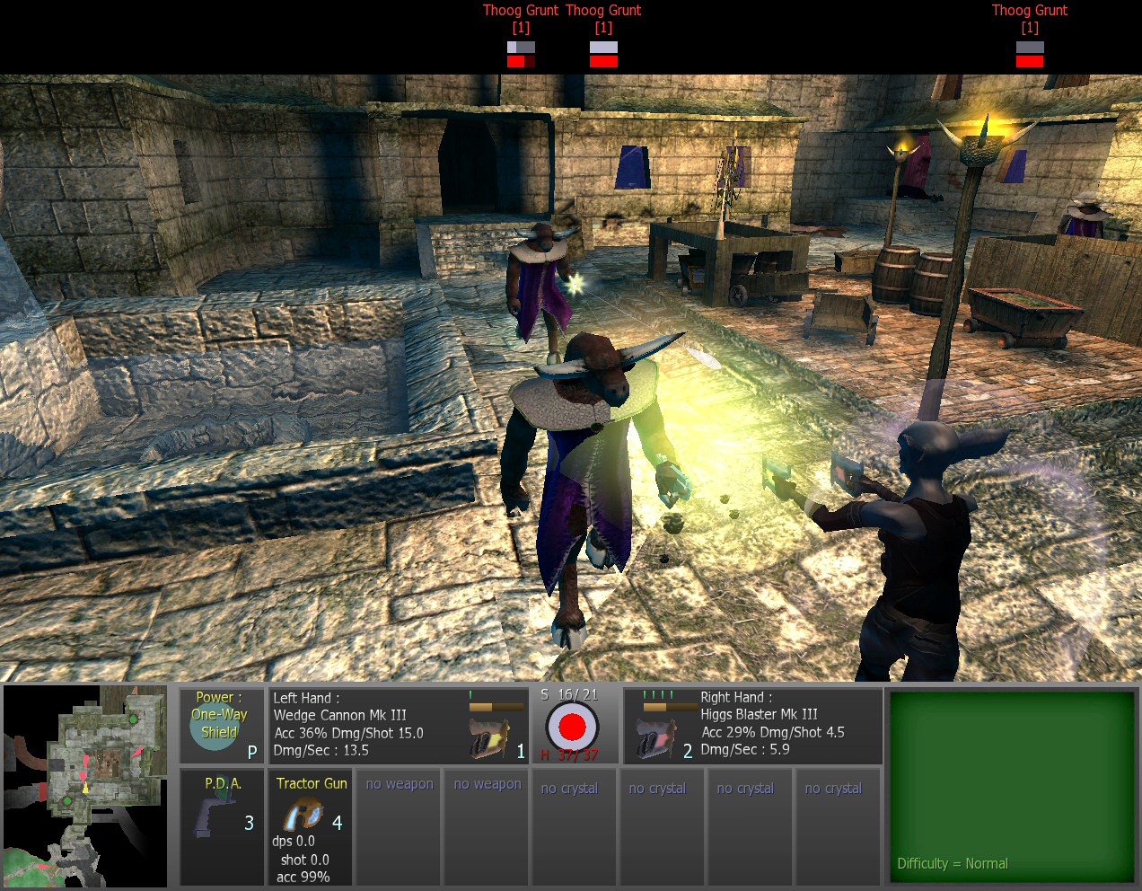 Ancient Galaxy screenshot: a horned Thoog grunt in a purple cloak fights the player in a stone town square