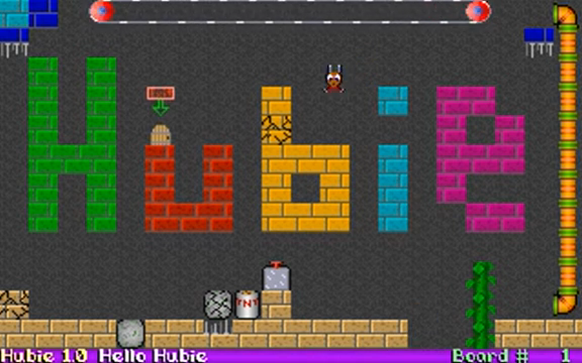 Hubie board 1, Hello Hubie: the word HUBIE spelled in colored bricks with pipes and balloons