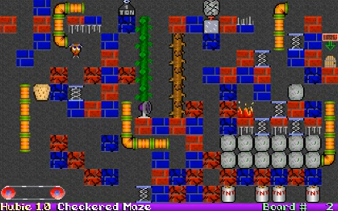 Hubie board 2, Checkered Maze: a maze of colored bricks, pipes and boulders