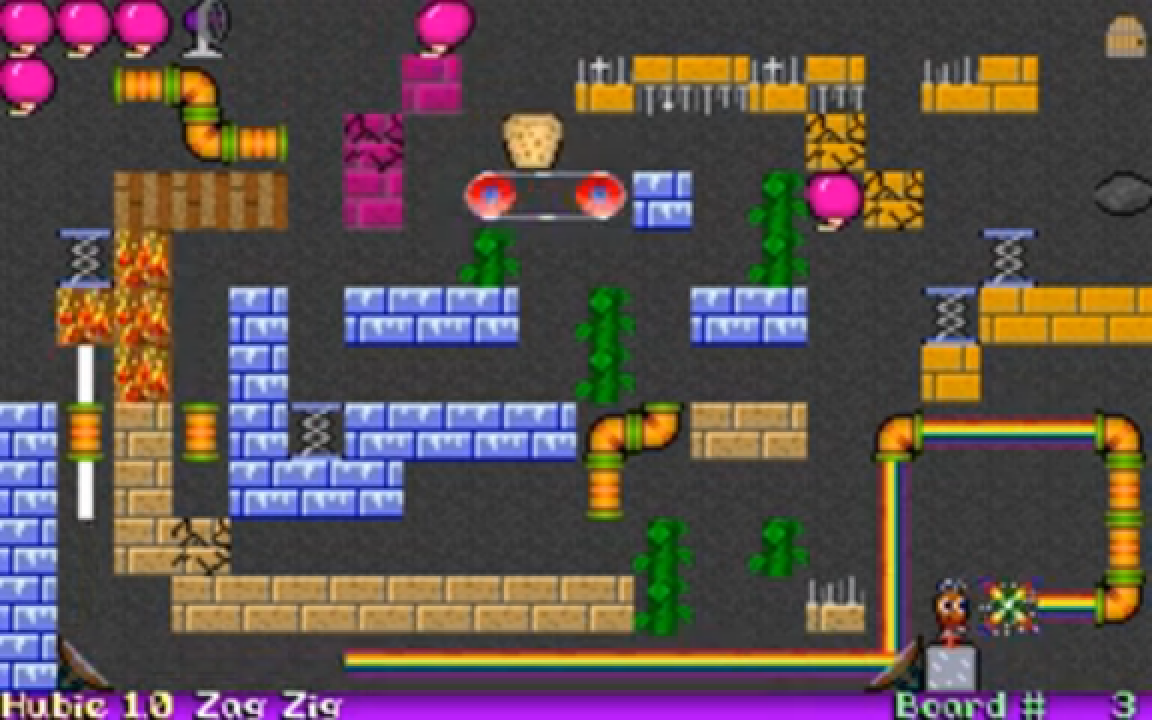 Hubie board 3, Zag Zig: brick platforms, springs, pipes and a rainbow track