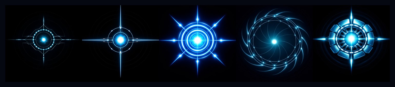 Five glowing blue game-piece icons on black: two leaders, the CPU core in the middle and two drones